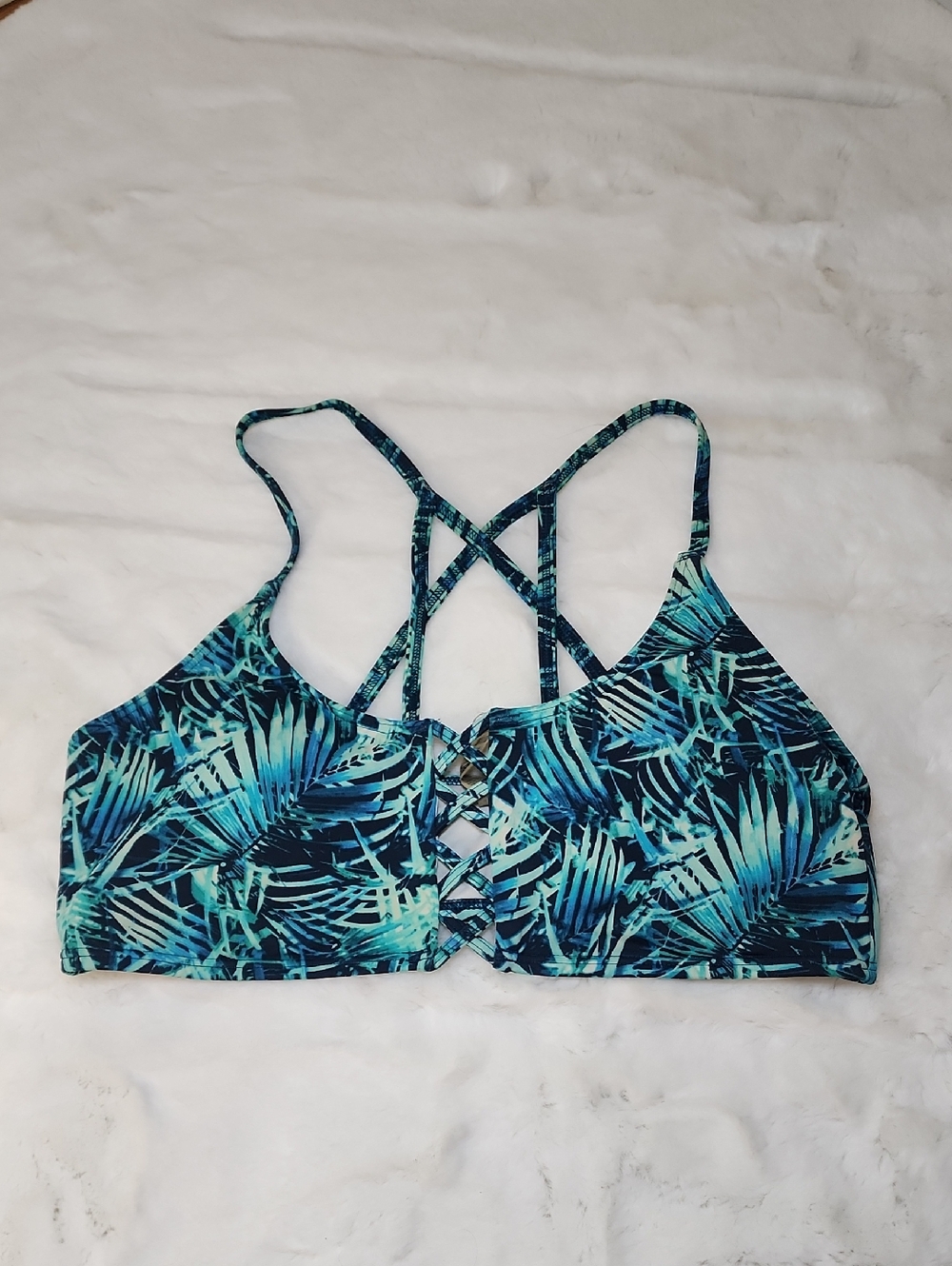 PINK Victoria's Secret Teal & Navy Palm-Print Strappy Bikini Top Size L (A-C)